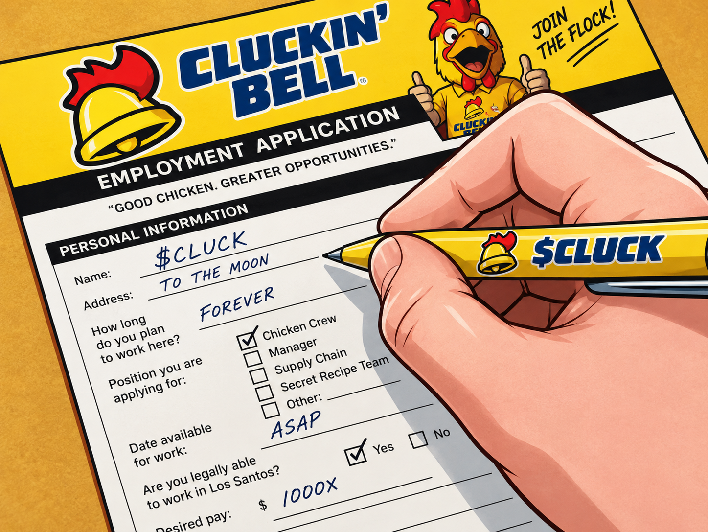 Illustration of a fictional Cluckin’ Bell employment application being filled out