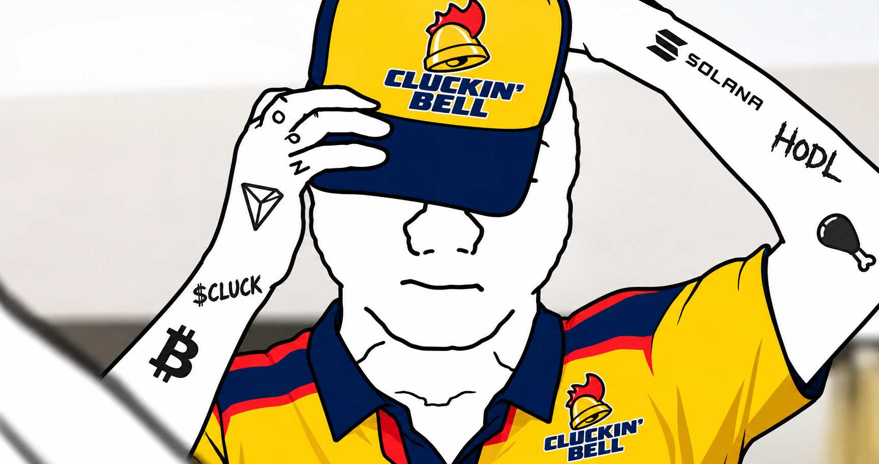 Illustrated Cluckin’ Bell crew member wearing the uniform
