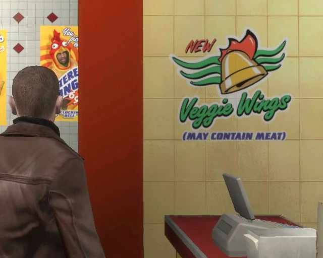 Veggie Wings. May contain meat., original Cluckin’ Bell game artwork