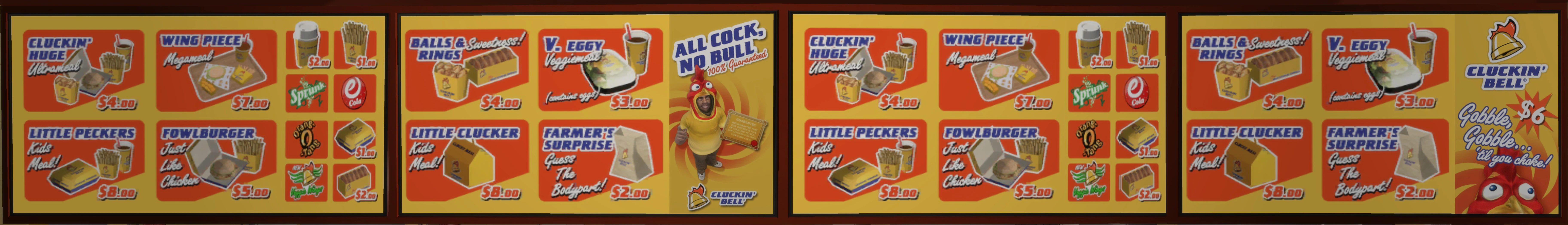 Original Cluckin’ Bell menu boards from GTA IV