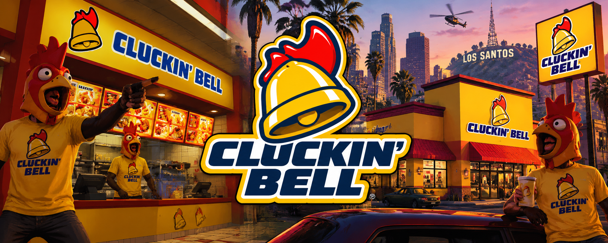 A Cluckin’ Bell restaurant in a neon-lit Los Santos scene