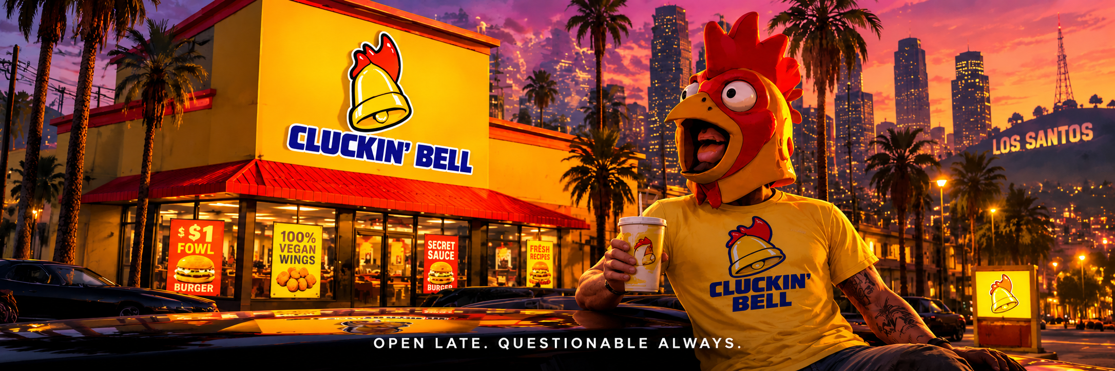 A Cluckin’ Bell mascot outside the restaurant at sunset in Los Santos